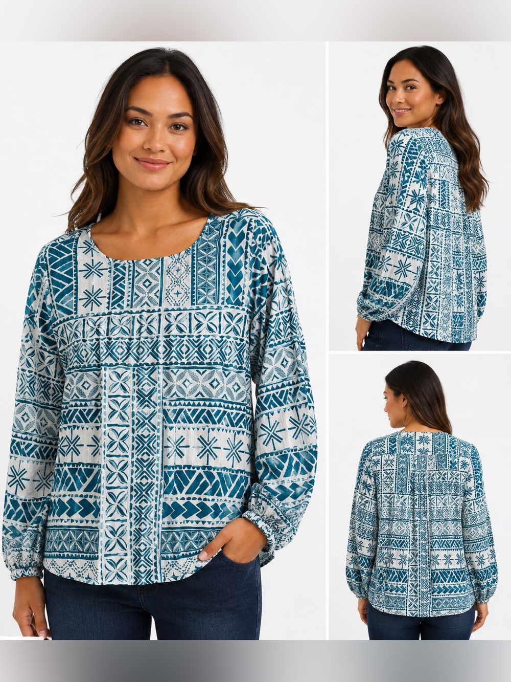 Tanoa Teal and White Printed Peasant Blouse